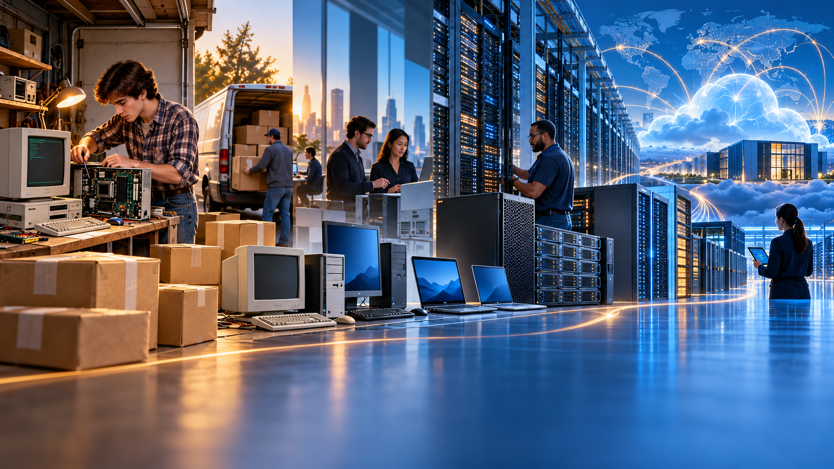 Cover illustration showing Dell’s journey from an early PC startup to modern data center infrastructure.