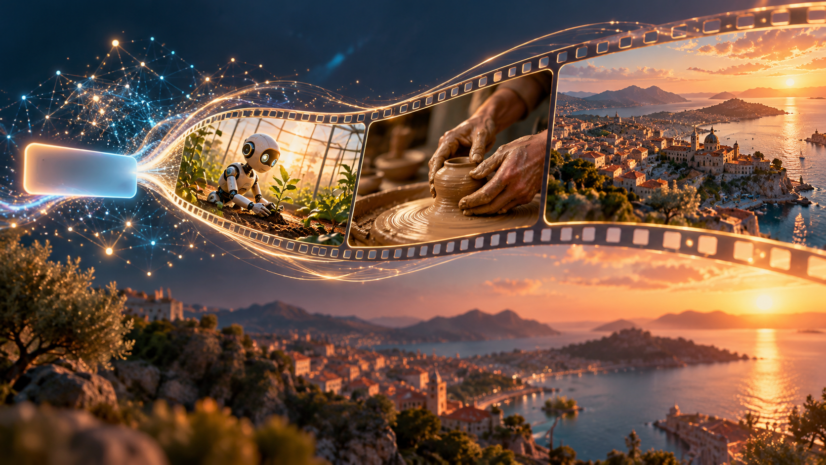 A glowing film strip turns a creative prompt into a robot garden, a clay studio, and a sunset city.