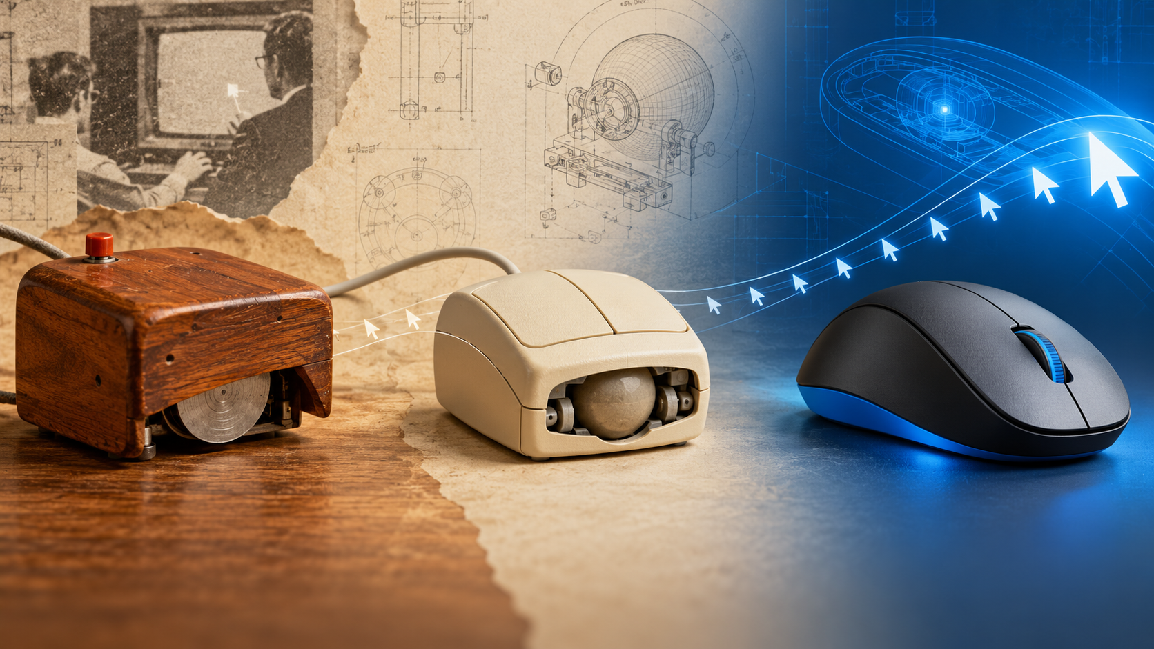 Cover illustration showing the computer mouse evolving from a wooden prototype to a mechanical and modern optical design.