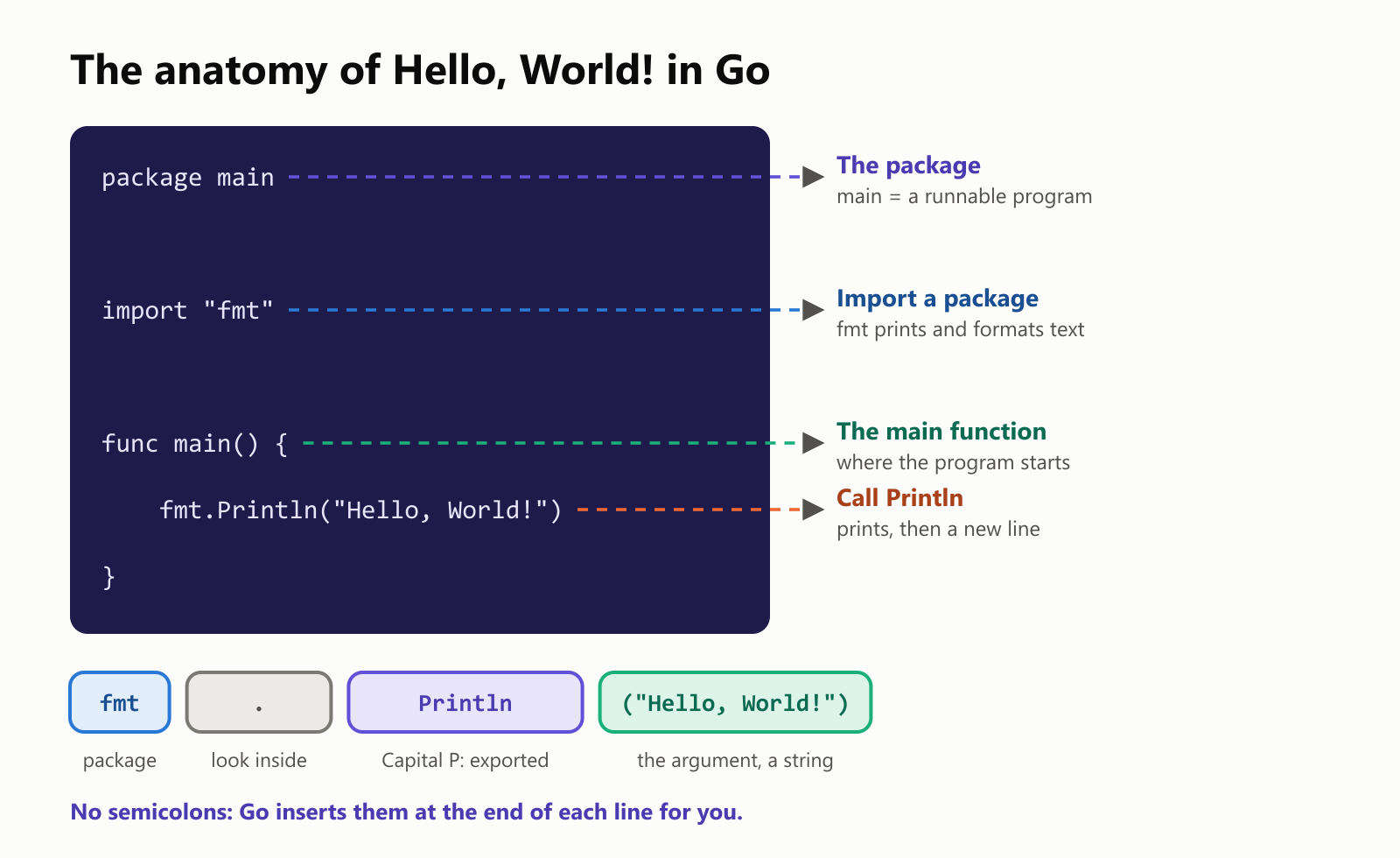 The anatomy of Hello, World in Go. package main says this file belongs to the main package, the one that becomes a runnable program. import "fmt" brings in the fmt package, short for format, which prints text. func main() { declares the main function, where the program starts; func is the keyword for functions. fmt.Println("Hello, World!") calls the Println function from the fmt package: Println is capitalized because it is exported, and ln means it adds a new line; "Hello, World!" is a string. There are no semicolons: Go adds them for you at the end of each line. The closing } ends the function
