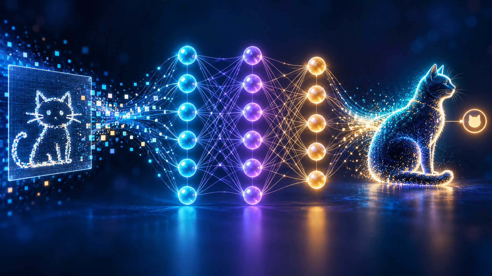 A cat sketch passes through layers of glowing connected nodes and emerges as a cat classification.