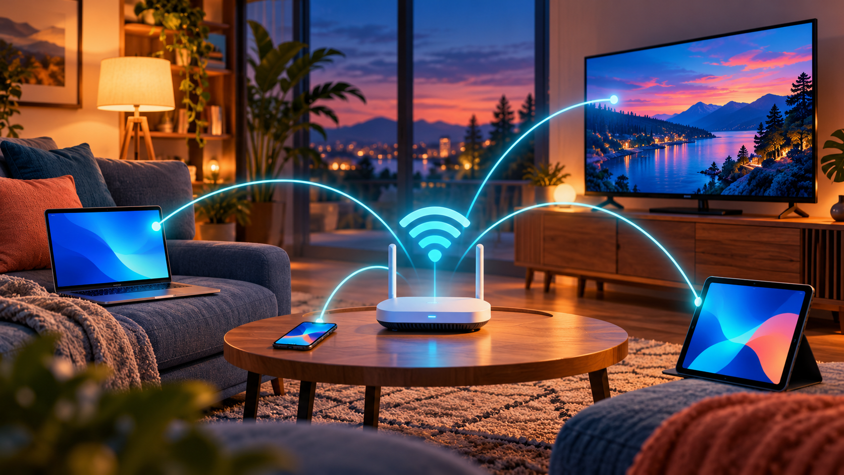A glowing Wi-Fi router sends visible blue signal arcs to a laptop, phone, tablet, and television in a cozy home at sunset.
