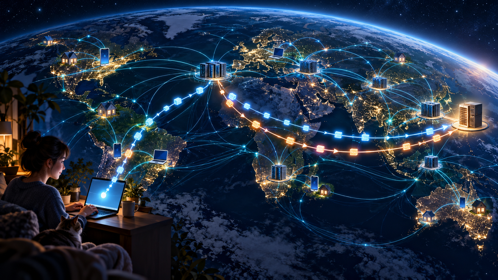 A person sends glowing data packets across interconnected networks around the globe to a distant server.