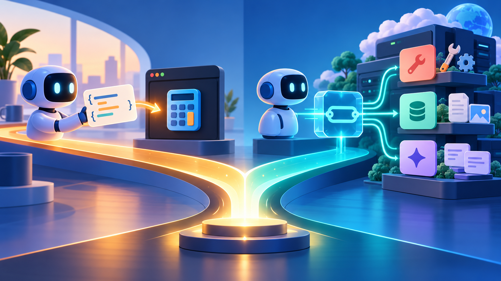 Cover illustration contrasting a model-to-application function call with a reusable MCP bridge connecting an AI host to a server offering tools, resources, and prompts.