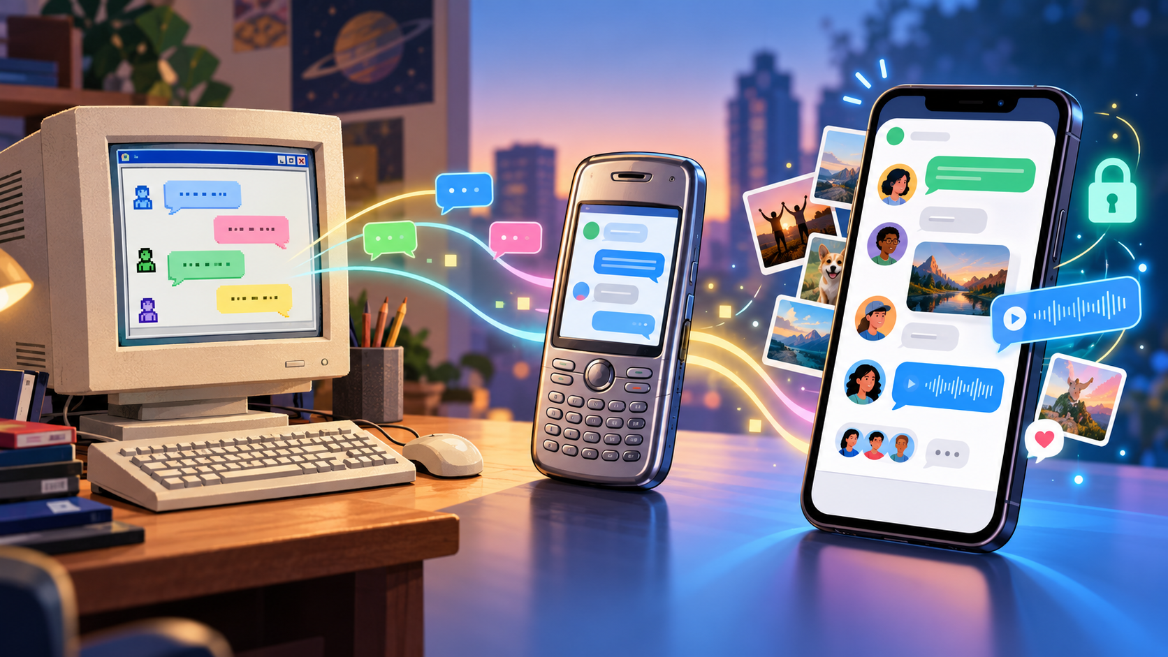 The evolution of instant messaging from a late-1990s desktop chat to a feature phone and a modern group conversation with photos, voice notes, and a privacy lock.