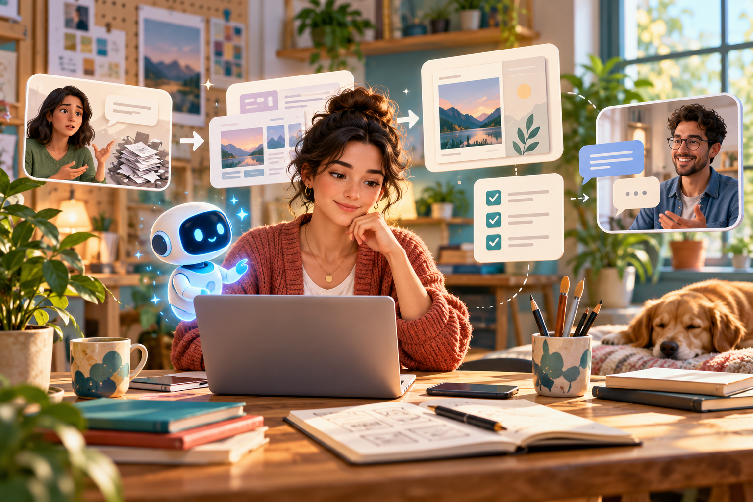 Cover: a small independent creator uses AI to prototype an idea, check customer needs, and deliver a polished service with human quality review.