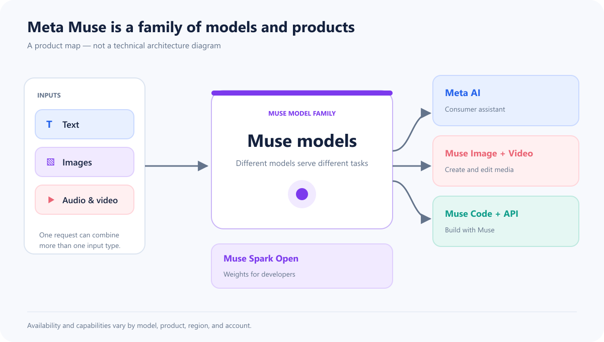 Diagram of the Muse model family: text, images, and audio or video enter the model portfolio, with branches toward Meta AI, Muse Image and Video, developer tools, and Muse Spark Open