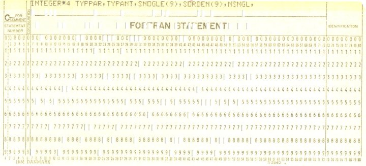 A FORTRAN IV program punched into a computer card used at Copenhagen University's regional computing center in the early 1970s