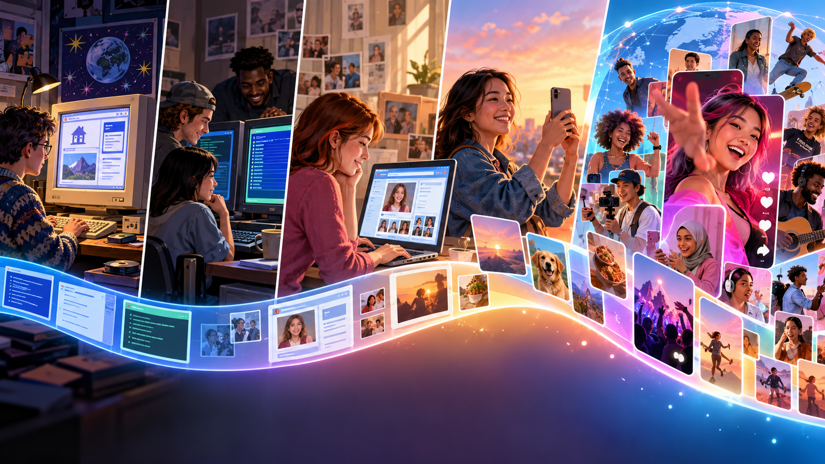 A colorful left-to-right journey through social media history, from early online communities and desktop profiles to smartphone creators and connected video communities.