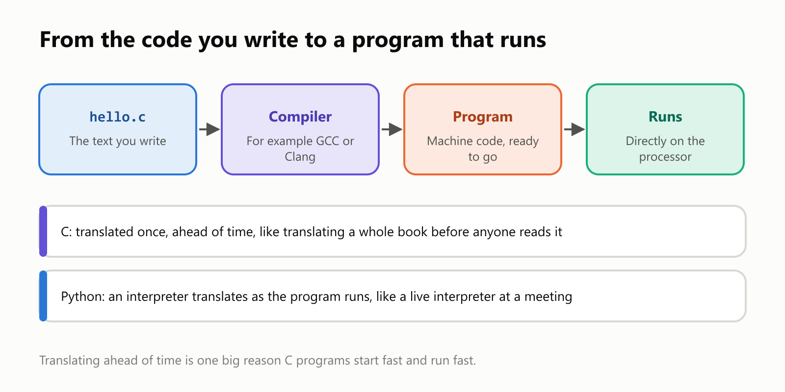 From the code you write to a program that runs. hello.c, the text you write, goes into a compiler, for example GCC or Clang, which produces a program file of machine code, ready to go, that runs directly on the processor. C is translated once, ahead of time, like translating a whole book before anyone reads it. Python uses an interpreter that translates as the program runs, like a live interpreter at a meeting
