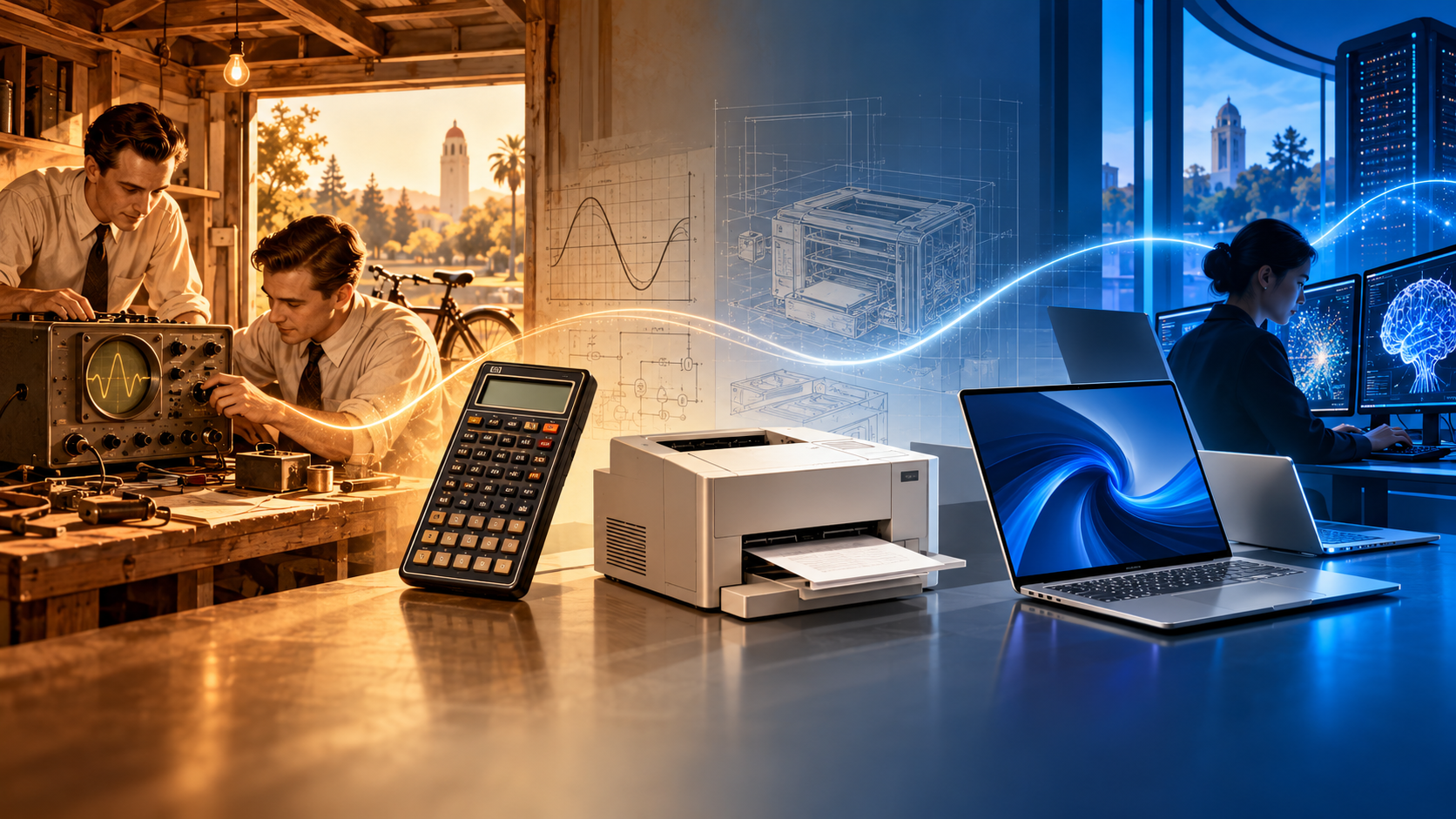 Cover illustration showing HP’s story from its early garage workshop through calculators and printers to modern computers and AI workstations.