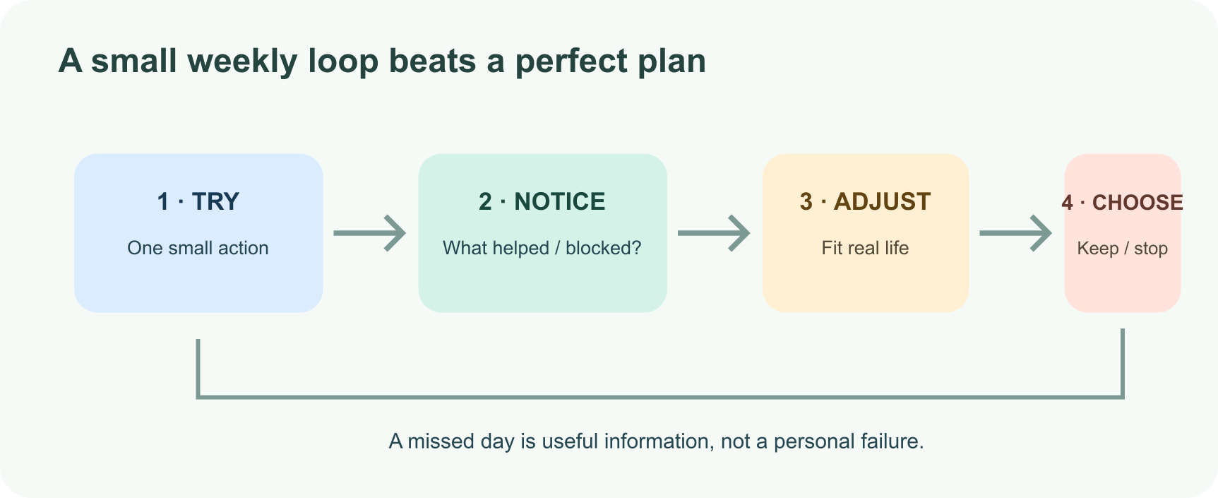 A weekly progress loop: try one small action, notice what helped or got in the way, adjust the plan, and choose whether to continue.