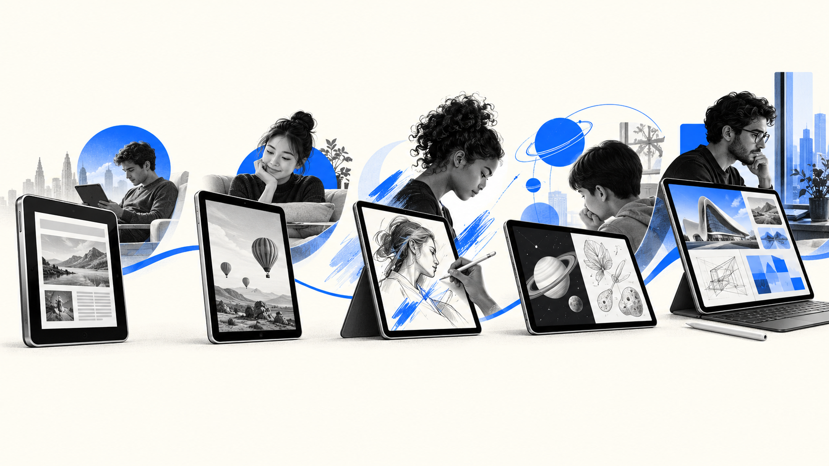 Cover illustration showing the iPad evolving from an early tablet into a modern creative and work device.