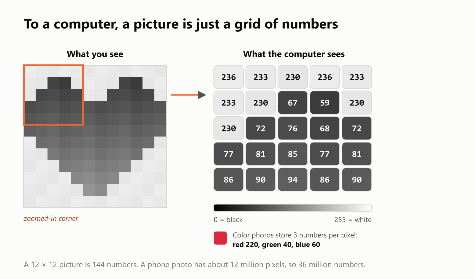 A small 12 by 12 black-and-white picture of a heart next to the numbers a computer actually stores for its top-left corner: values around 230 for the light background and around 60 to 90 for the darker heart. A scale shows that 0 is black and 255 is white. A note explains that color photos store 3 numbers per pixel, for example red 220, green 40 and blue 60