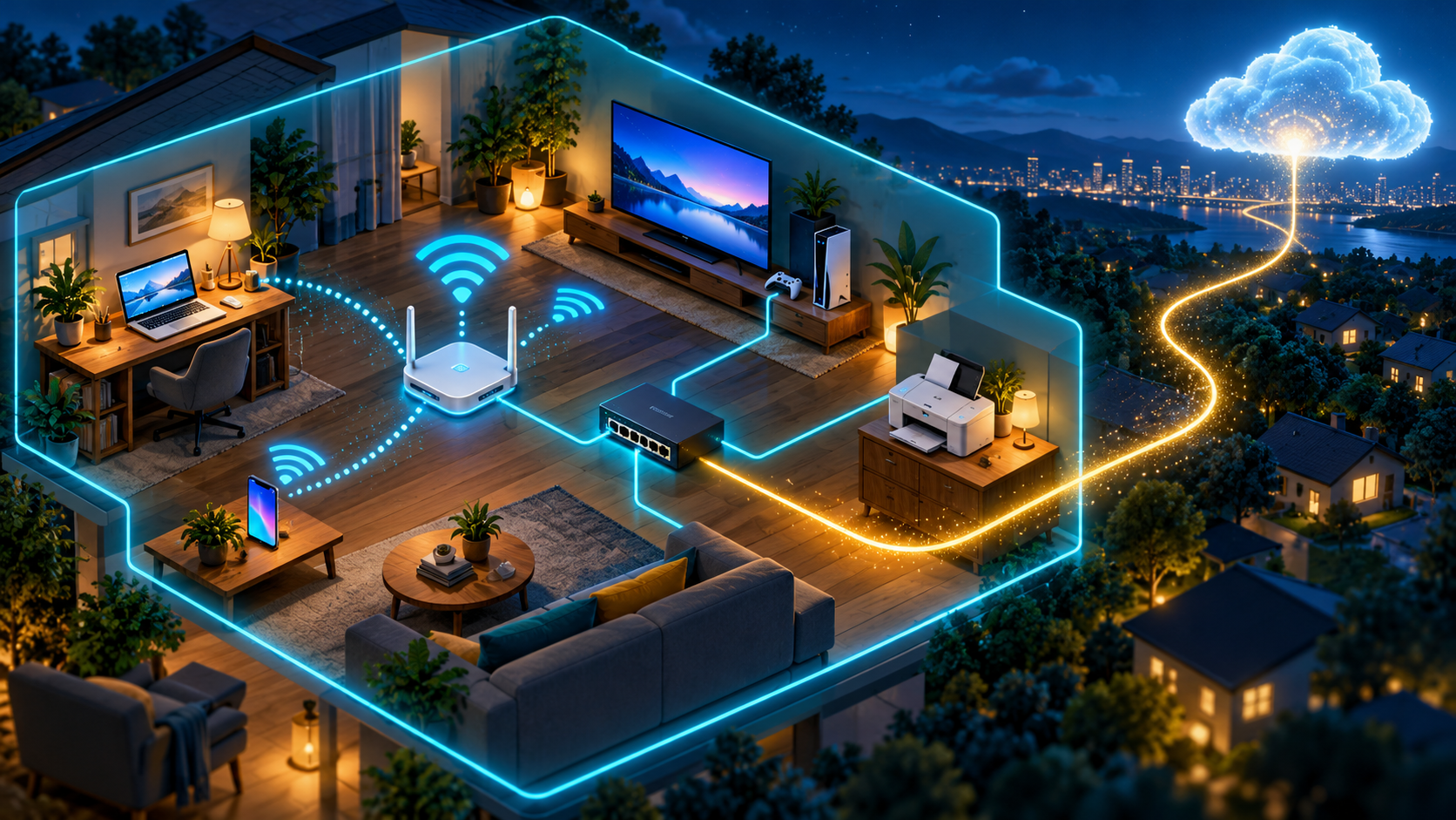 A cozy home network connects laptops, phones, TV, printer, and game console to a router, switch, and the internet.