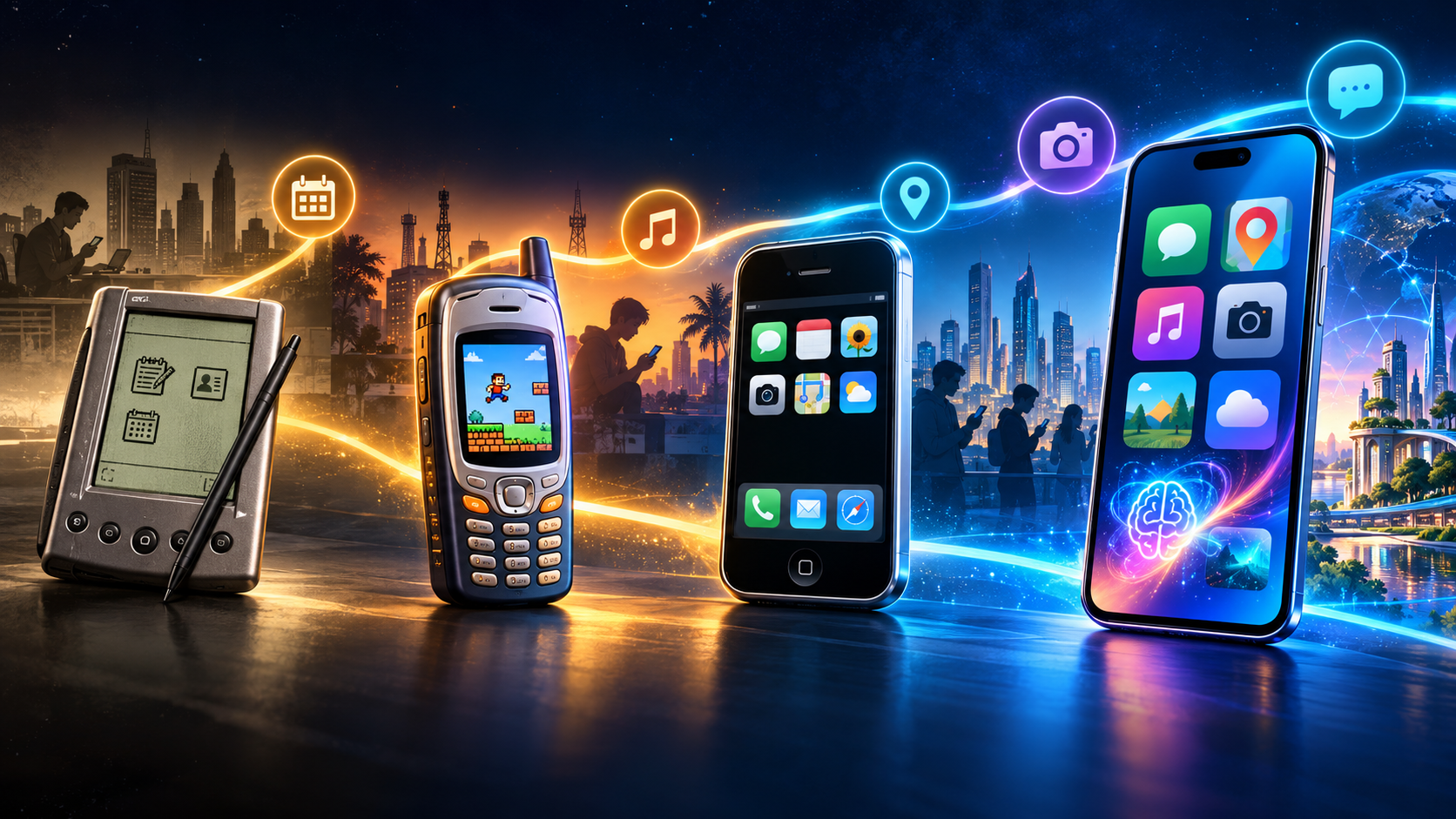 A visual timeline of mobile app development, from a 1990s PDA through feature phones and app stores to modern apps and on-device AI.