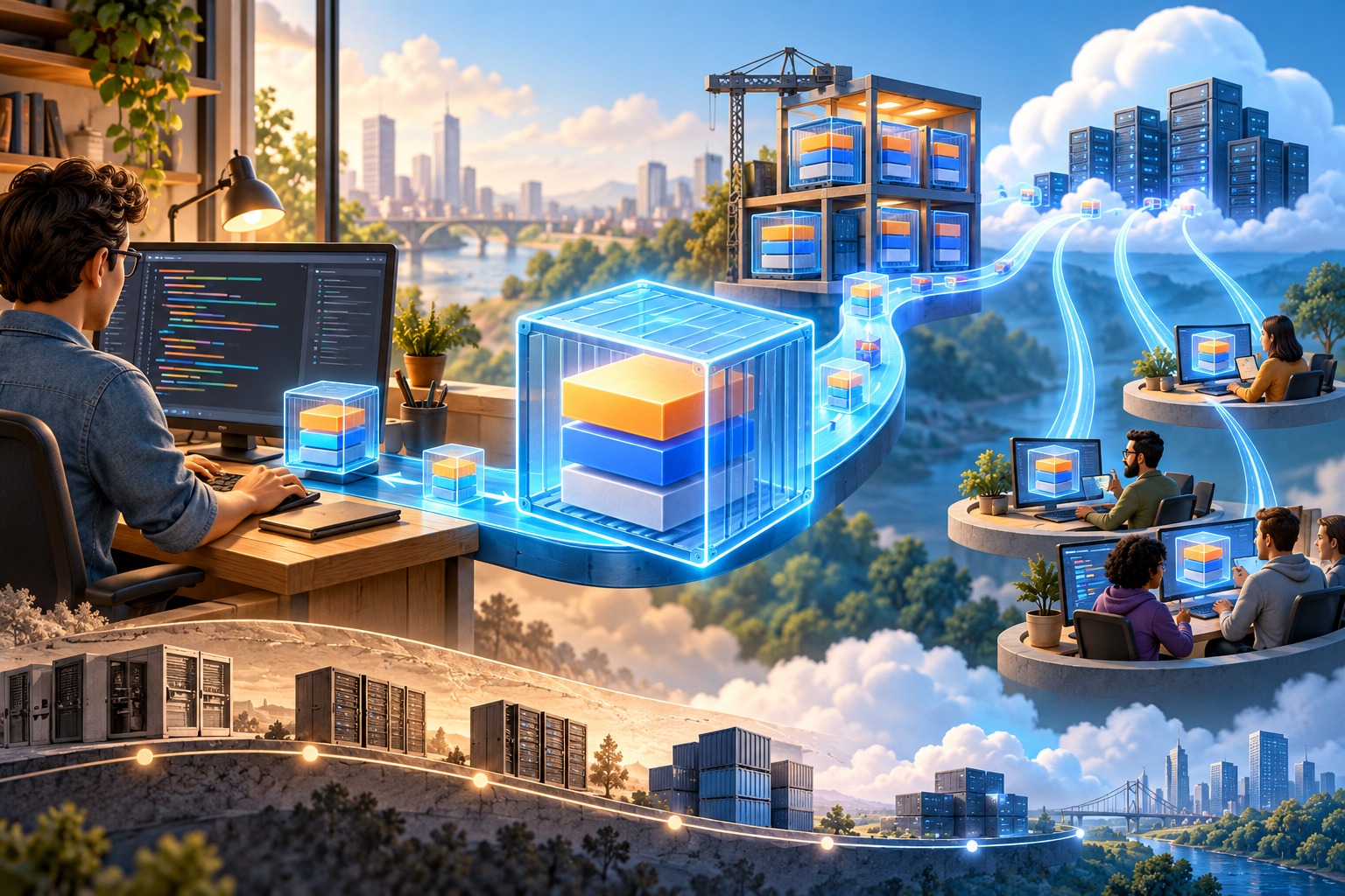 Cover: a developer packages an application into a container image and shares it across a connected ecosystem of machines and teammates.