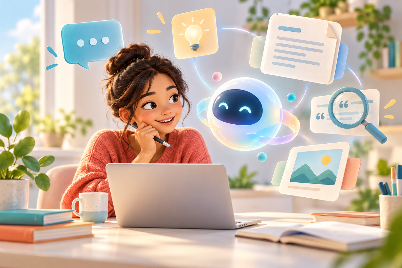 Cover: a curious person works with a friendly AI assistant on writing, web research, a document, and a generated image, then checks the answer.