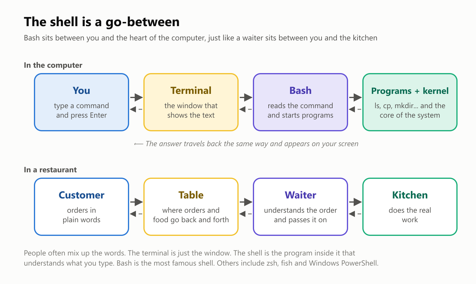 The shell is a go-between. In the computer: you type a command and press Enter; the terminal is the window that shows the text; Bash reads the command and starts programs; the programs and the kernel, the core of the system, do the work. The answer travels back the same way and appears on your screen. In a restaurant: the customer orders in plain words; the table is where orders and food go back and forth; the waiter understands the order and passes it on; the kitchen does the real work. People often mix up the words. The terminal is just the window. The shell is the program inside it that understands what you type. Bash is the most famous shell. Others include zsh, fish and Windows PowerShell