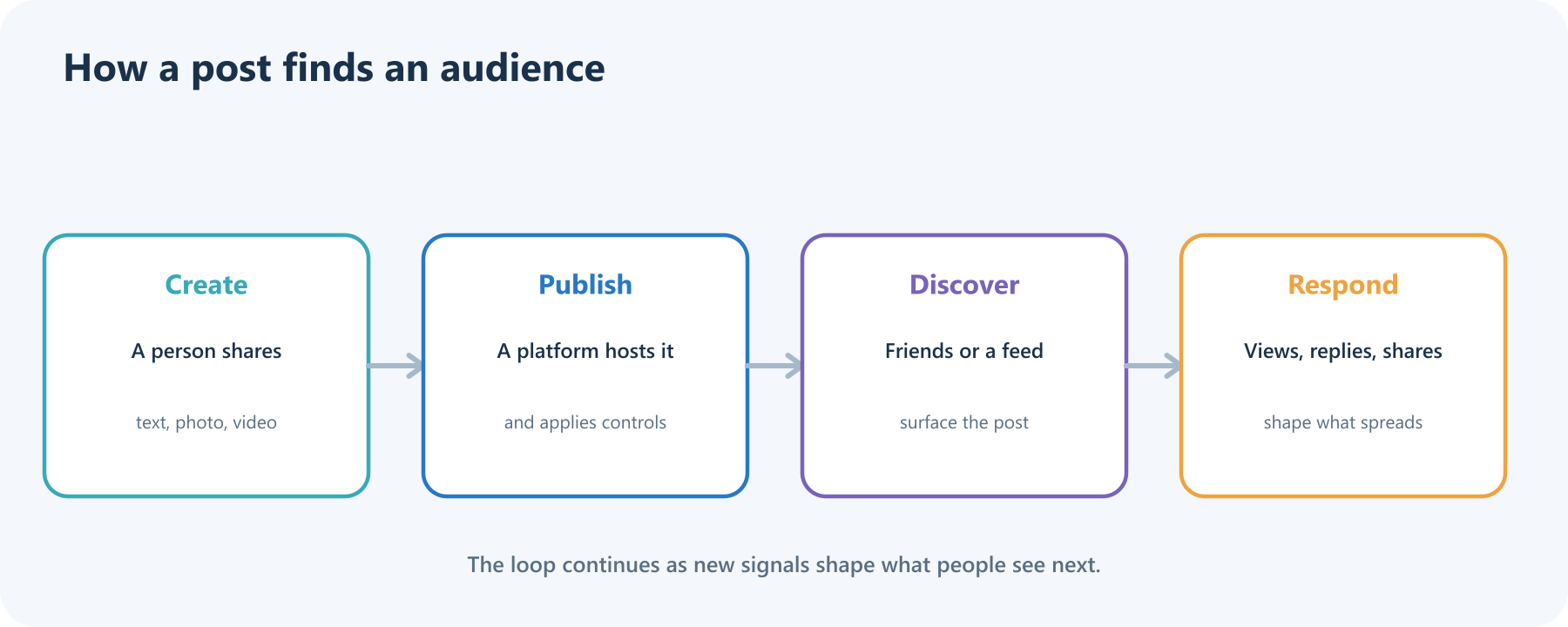 A post travels from its creator to a platform, into discovery through friends or a recommended feed, and then receives responses that can influence what spreads next.