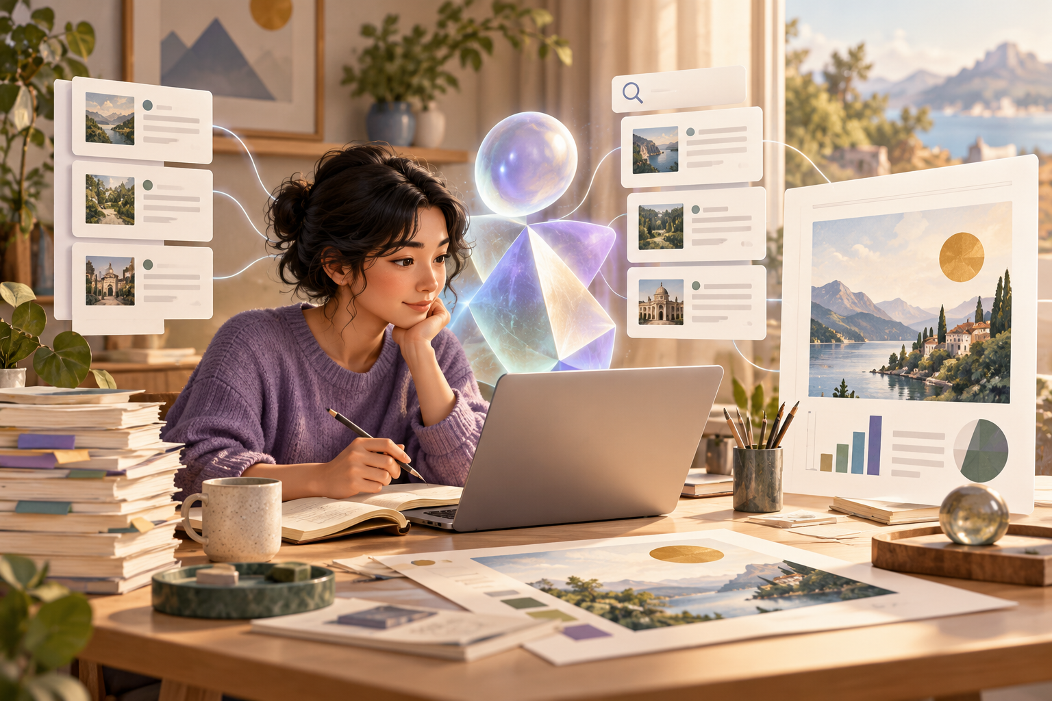 Cover: a person collaborates with a thoughtful AI assistant on a focused chat, document project, source-linked research, and editable visual artifact.