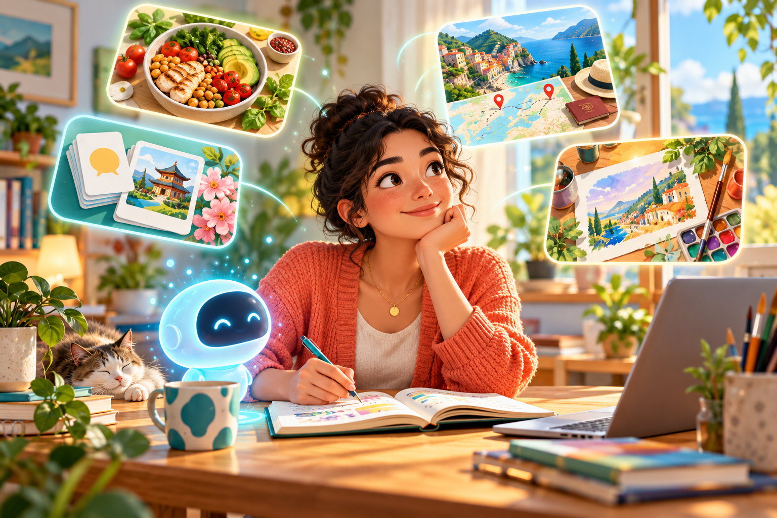 Cover: a person uses an AI helper to plan everyday tasks, learn a skill, and make something creative.